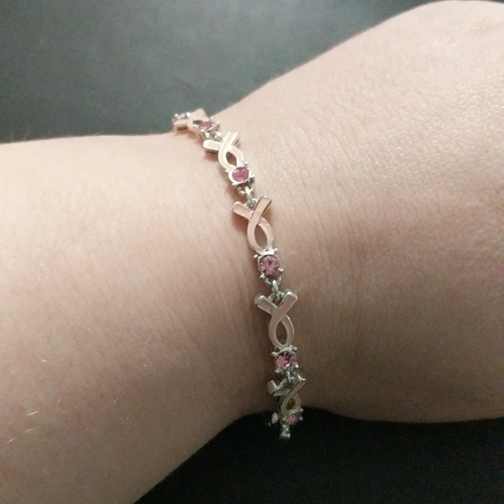 Silver Tone Pink Rhinestone Enamel Pink Ribbon Breast Cancer Bracelet